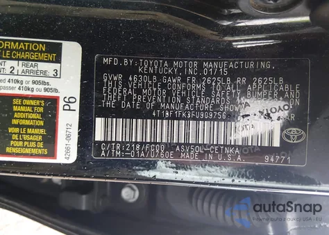 2015 Toyota Camry Le z USA, uszkodzony, nr VIN 4T1BF1FK3FU909756